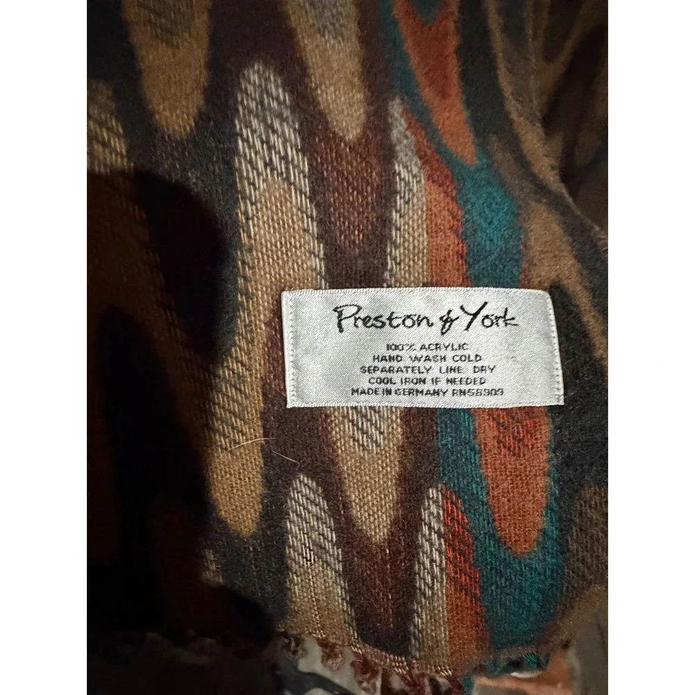 Preston & York Scarf Brown Teal Zigzag Chevron Fringe Acrylic Made in Germany